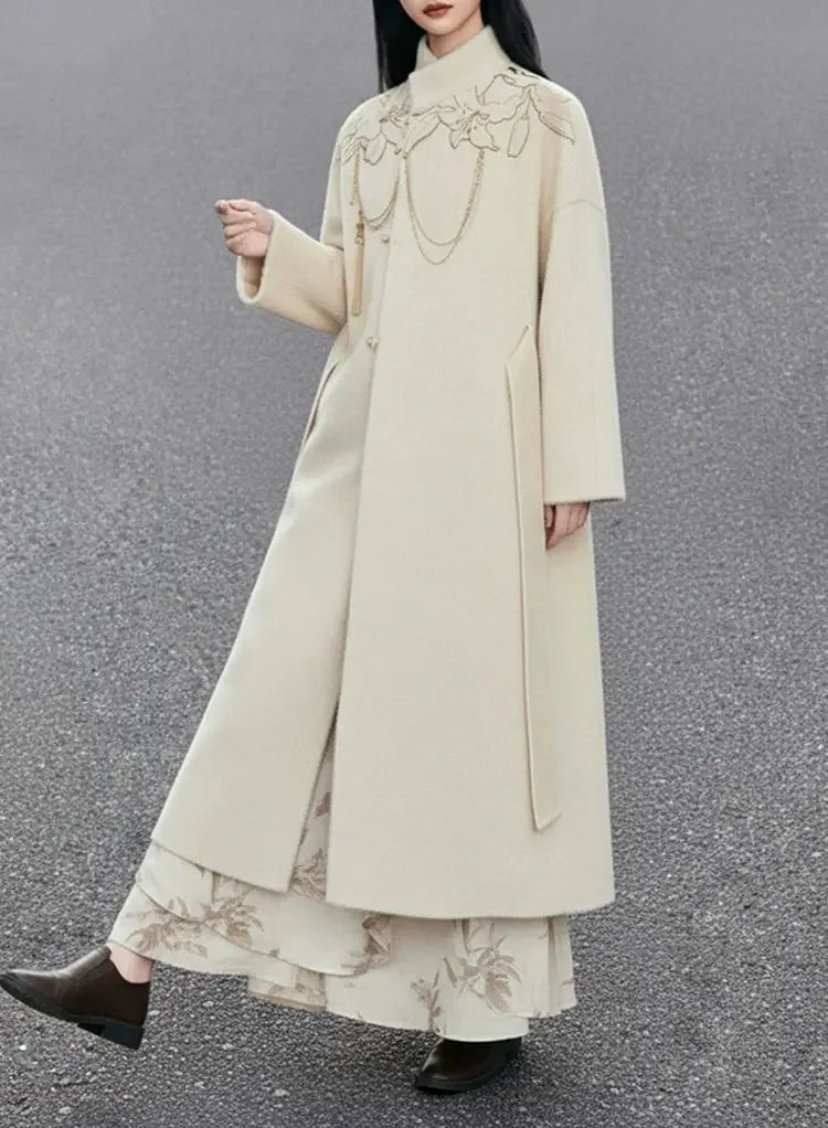 Complete lily whisper white coat set ivory embroidered warm high neck long outerwear for everyday elegance full length view