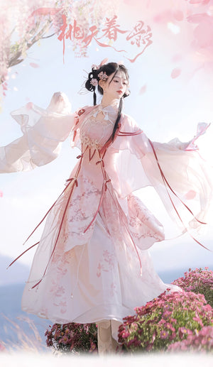  Complete lolita hanfu set pink white sheer wide sleeve outer robe lace up mini skirt with tassel belt sakura fairy style full length view