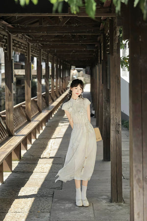 Complete lolita modern hanfu dress set ivory mandarin collar short sleeve cheongsam layered lace tulle skirt sweet chinese garden style full length view