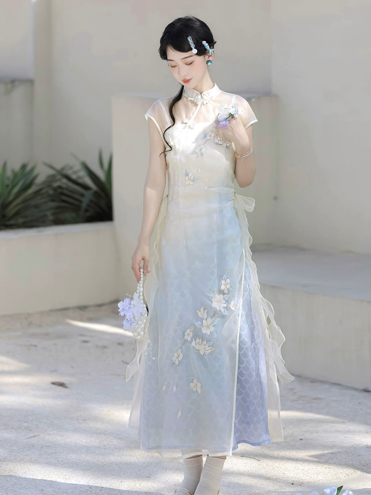 Complete lolita qipao set white blue gradient sleeveless midi dress with 3d floral petal detail mandarin collar fairy style full length view