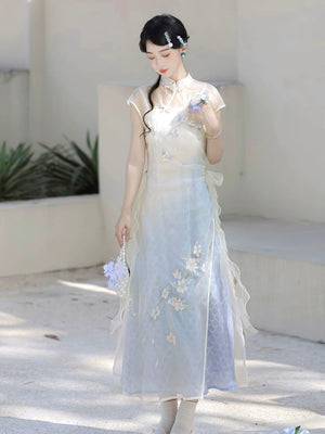 Complete lolita qipao set white blue gradient sleeveless midi dress with 3d floral petal detail mandarin collar fairy style full length view