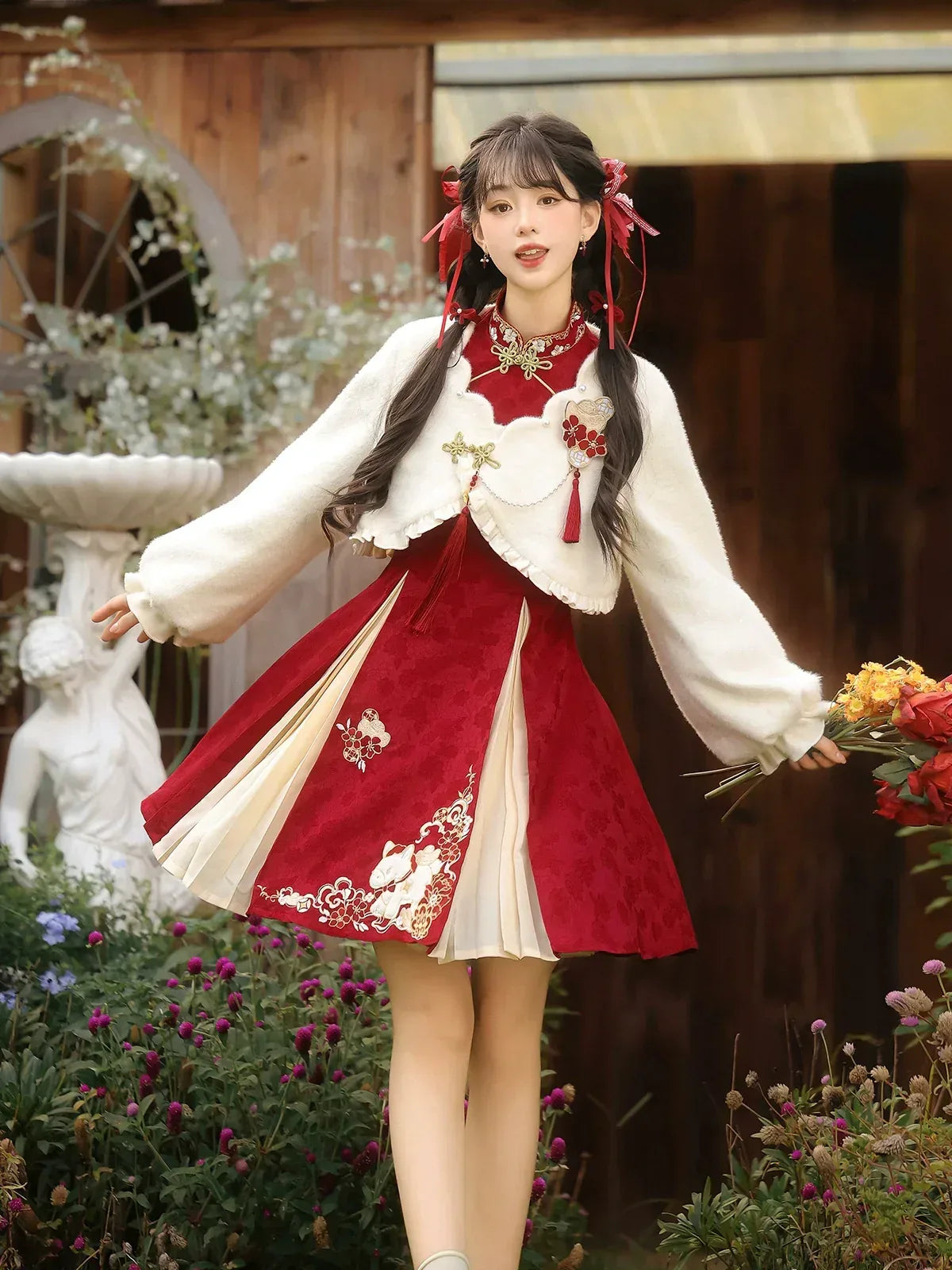 Complete lucky pony new year hanfu set red qipao modern chinese festive outfit for autumn winter season full length view