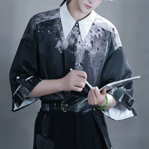Complete men hanfu set dark grey ink floral embroidered short sleeve top with black wide leg pants urban chinese style full length view