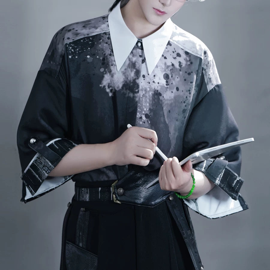 Complete men hanfu set dark grey ink floral embroidered short sleeve top with black wide leg pants urban chinese style full length view