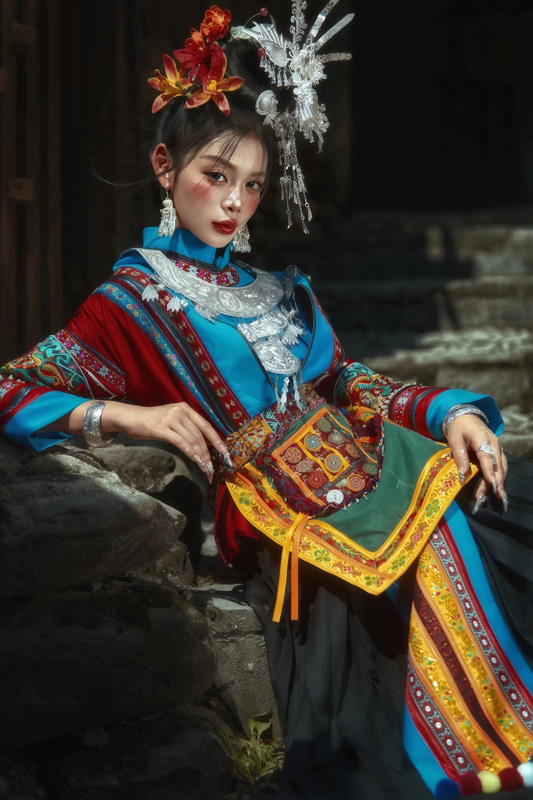 Complete miao tujia minority dress set traditional ethnic costume for stage performance and travel photography full length view

