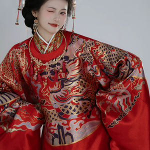 Complete ming dynasty red wedding set imitation flower couple style round collar python robe hanfu for bride and groom full length view