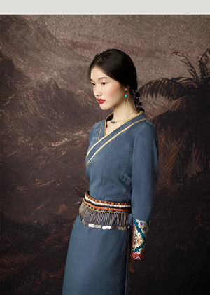 Complete mist blue brocade set refined tibetan inspired silhouette with oriental elegance gown full length view
