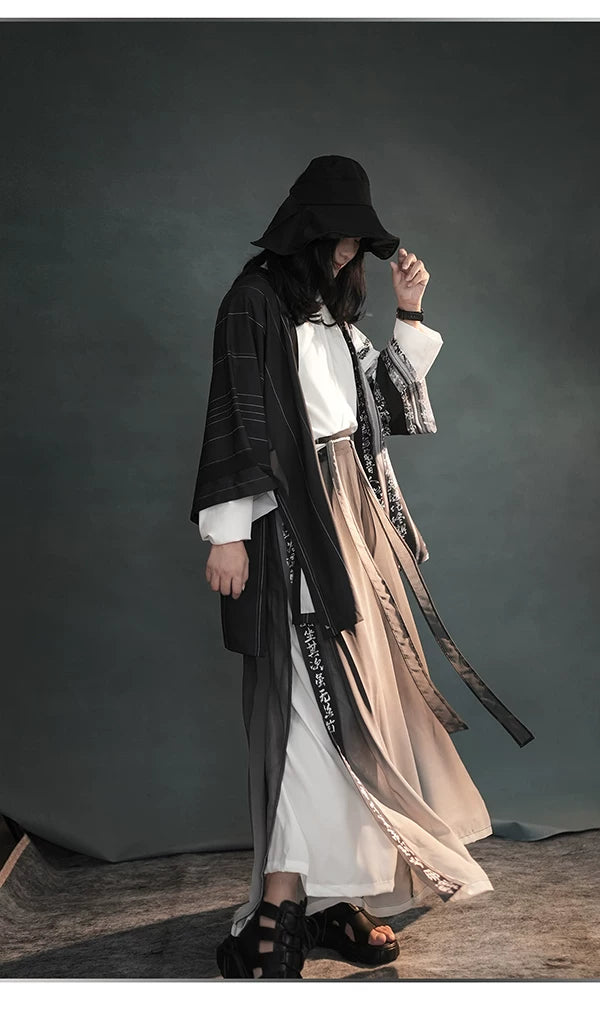 Complete modern dark hanfu set black gradient sheer outer robe with wide leg pants streetwear style full length view