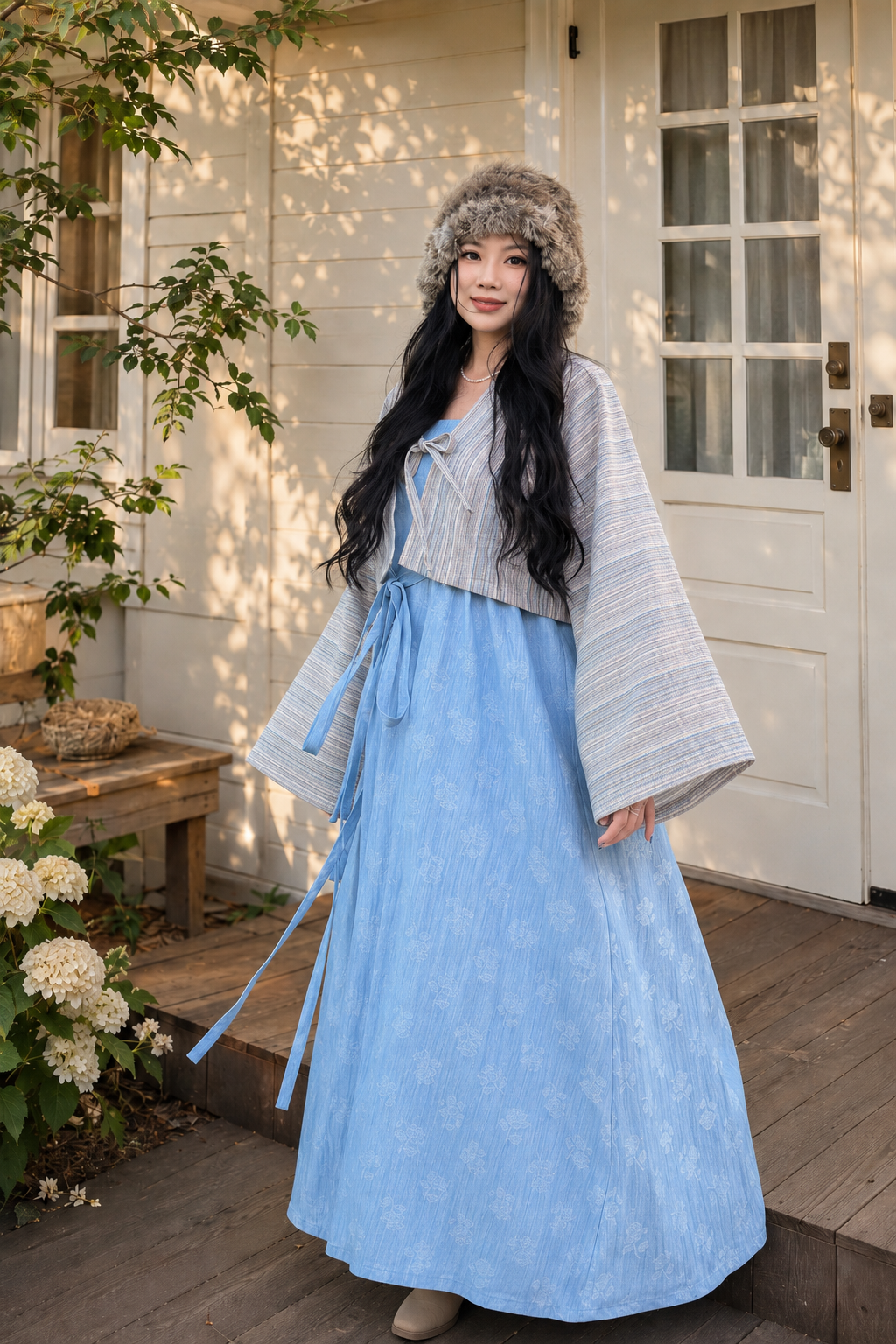 Complete modern hanfu dress set light blue fringe shoulder slip maxi dress with knit cardigan casual lazy style full length view