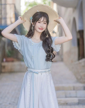 Complete modern hanfu set light blue butterfly sleeve top white high waist wide leg pants casual elegant daily outfit full length view
