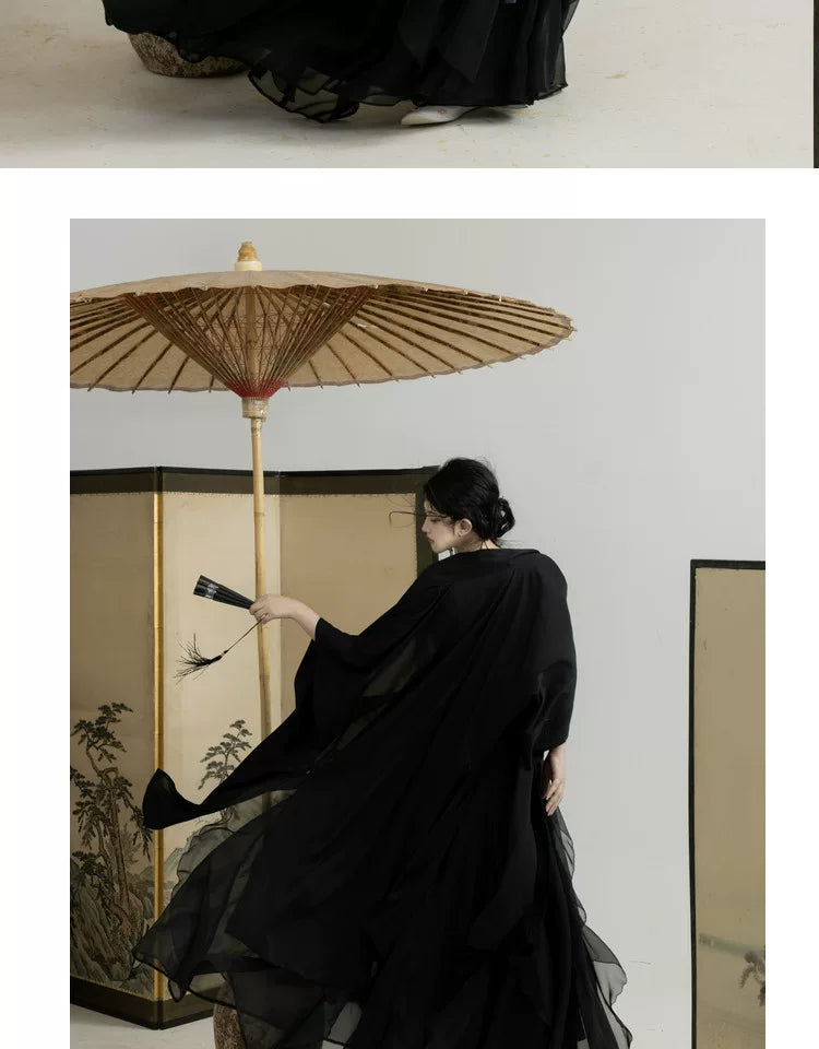Complete modern hanfu set black wide sleeve sheer robe blue purple embroidered slip top layered tulle skirt dark fairy style full length view

