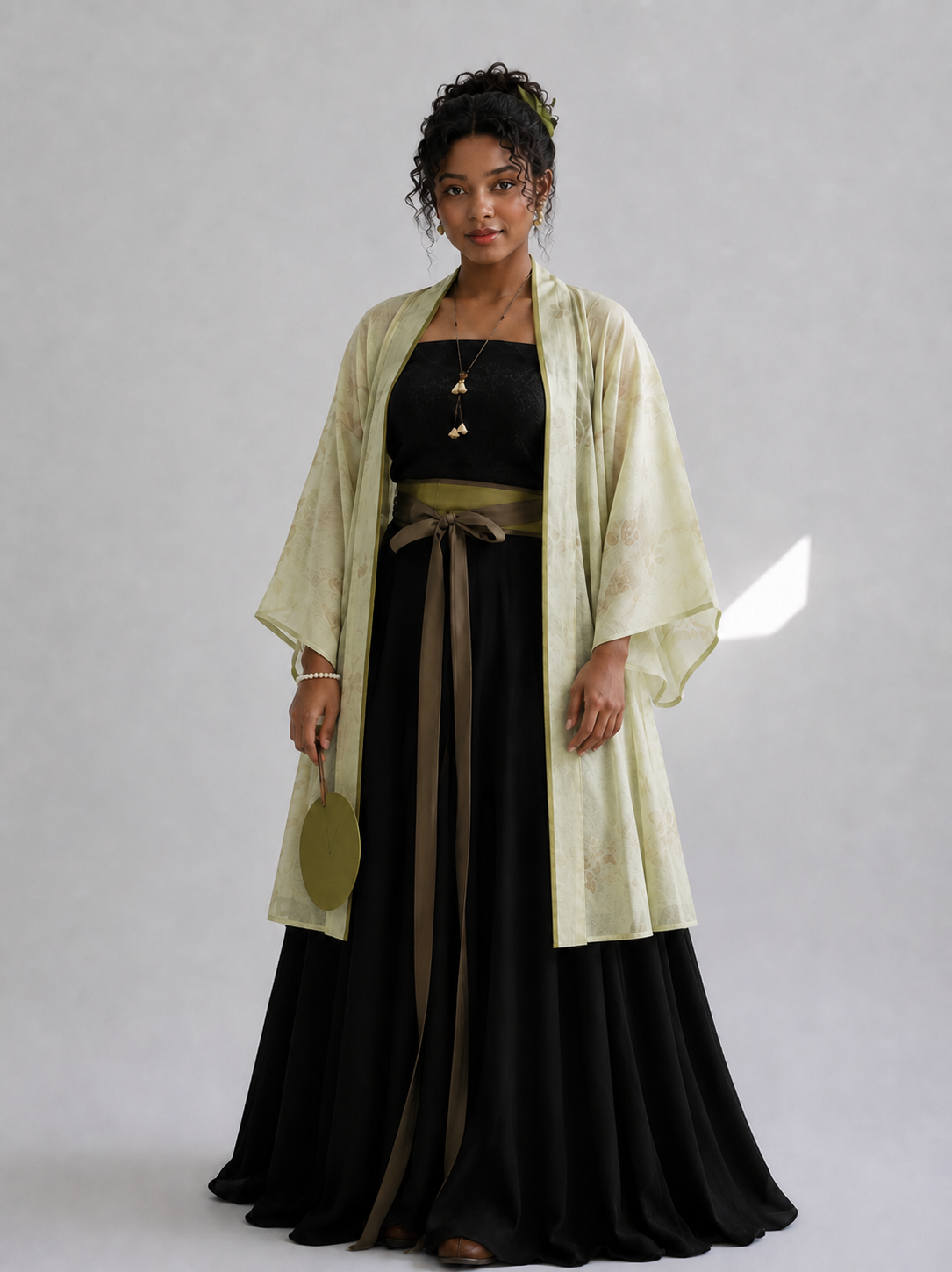 Complete modern hanfu set cream white song dynasty cardigan black top song style pants rust belt daily commute full length view