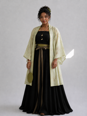 Complete modern hanfu set cream white song dynasty cardigan black top song style pants rust belt daily commute full length view