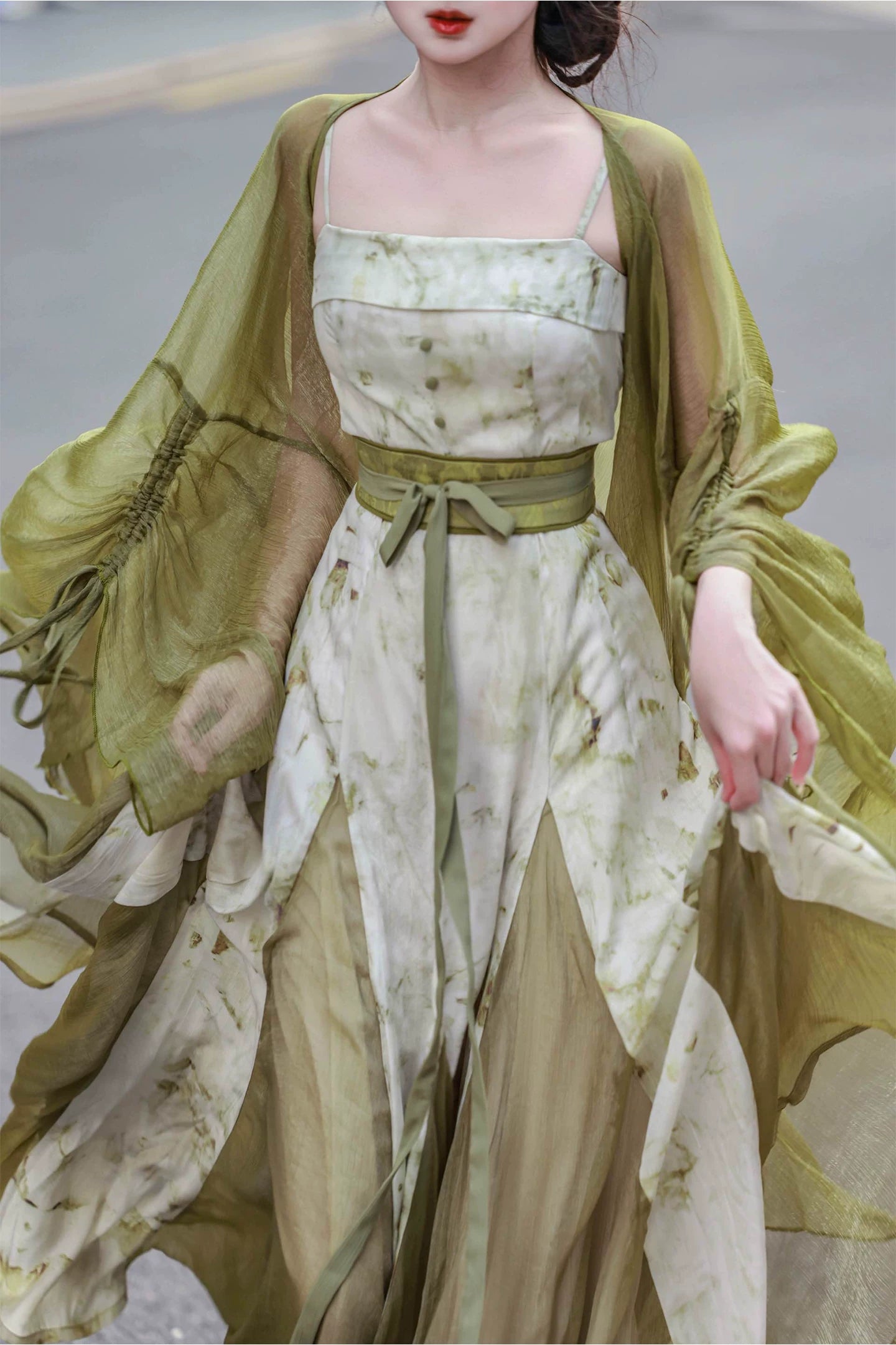 Complete modern hanfu set matcha green wide sleeve sheer robe white floral slip maxi dress elegant fairy street style full length view