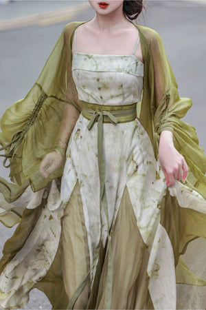 Complete modern hanfu set matcha green wide sleeve sheer robe white floral slip maxi dress elegant fairy street style full length view