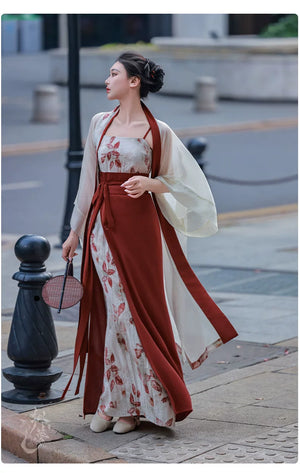 Complete modern hanfu set white floral sheer wide sleeve robe burgundy slip top mamian skirt vintage street chinese style full length view