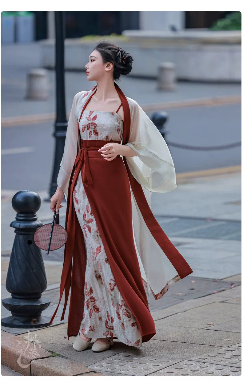 Complete modern hanfu set white floral sheer wide sleeve robe burgundy slip top mamian skirt vintage street chinese style full length view
