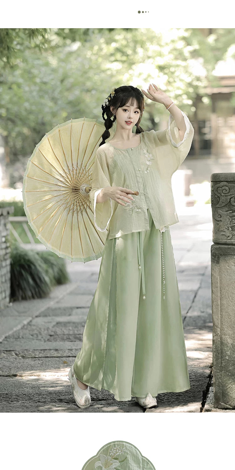 Complete modern hanfu set white wide sleeve top sage green wide leg pants casual everyday chinese style full length view

