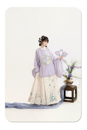 Complete moonlit blossom ming hanfu embroidered round collar top and mamian skirt for autumn winter season full length view