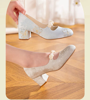 New chinese national style pearl mary janes thick heel light mouth retro single shoes for cheongsam women back view