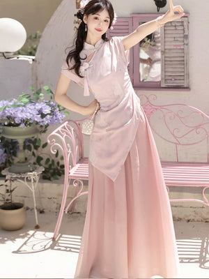 Complete new chinese summer set improved cheongsam dress and retro pink wide leg pants two piece for women full length view