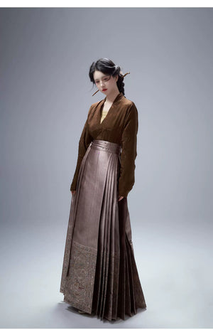 Complete original ming hanfu horse dress set song jin dark jacquard plane sleeve imitation flower design for women full length view

