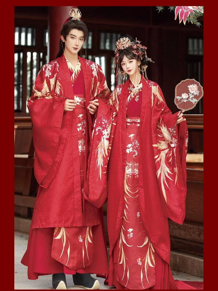 Complete original song dynasty hanfu wedding set trailing large sleeved shirt atmospheric toasting clothes for bride and groom full length view