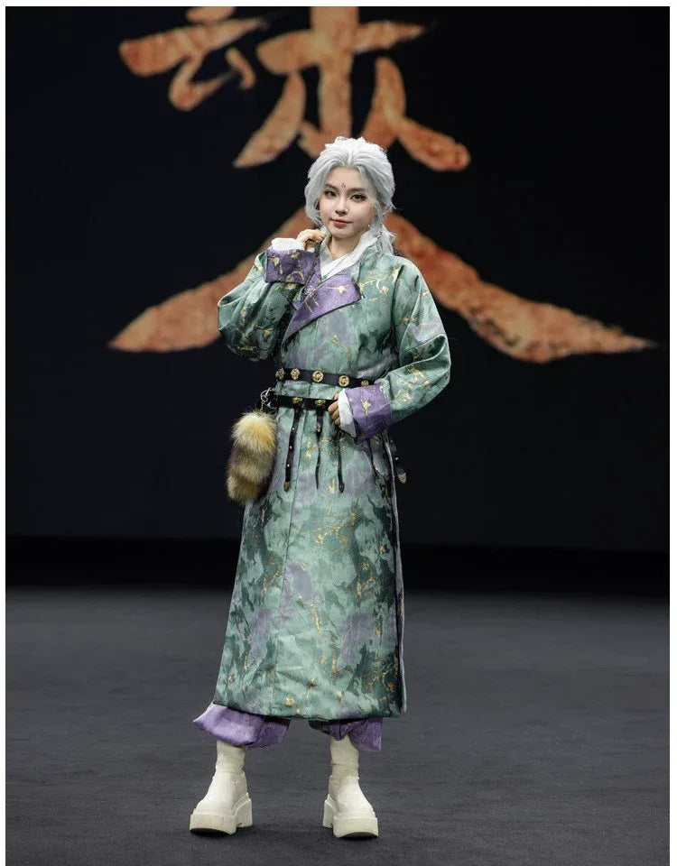 Complete perilla leaf tang hanfu set reversible round collar unisex robe for spring autumn full length view