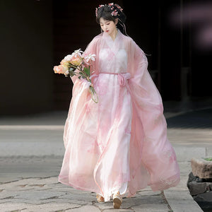 Complete pink gradient hanfu set wide sleeve floral embroidery robe with layered chiffon skirt for women full length view