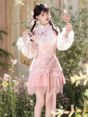Complete pink lolita cheongsam set ruffle puff sleeve qipao sweet chinese style mini dress full length view