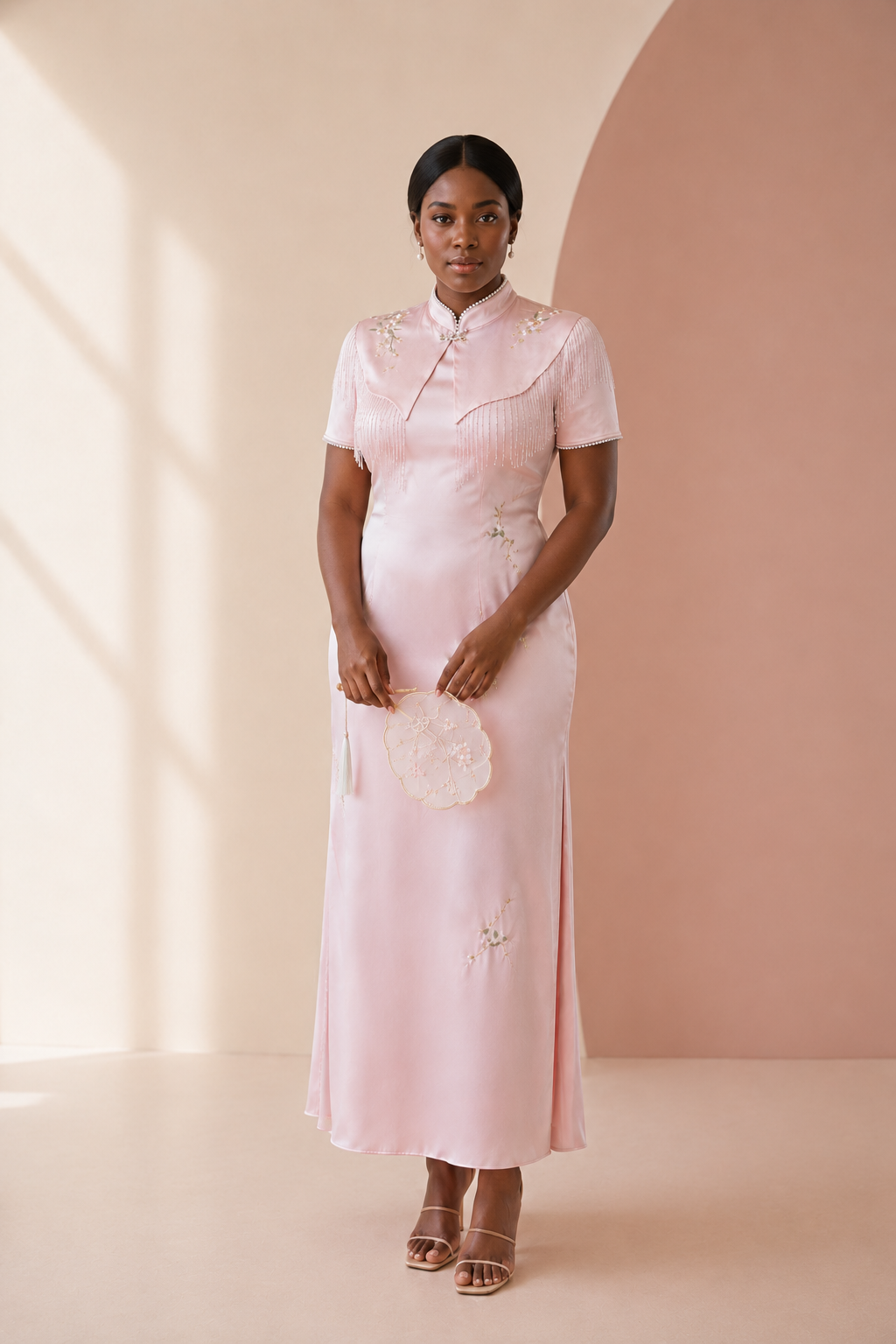 Complete plus size blush pink cheongsam set puff sleeve mandarin collar midi dress modern new chinese style full length view