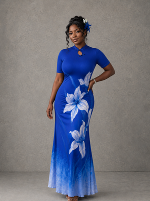 Complete plus size cheongsam set elegant blue lily print long cheongsam short sleeve mandarin collar qipao full length view