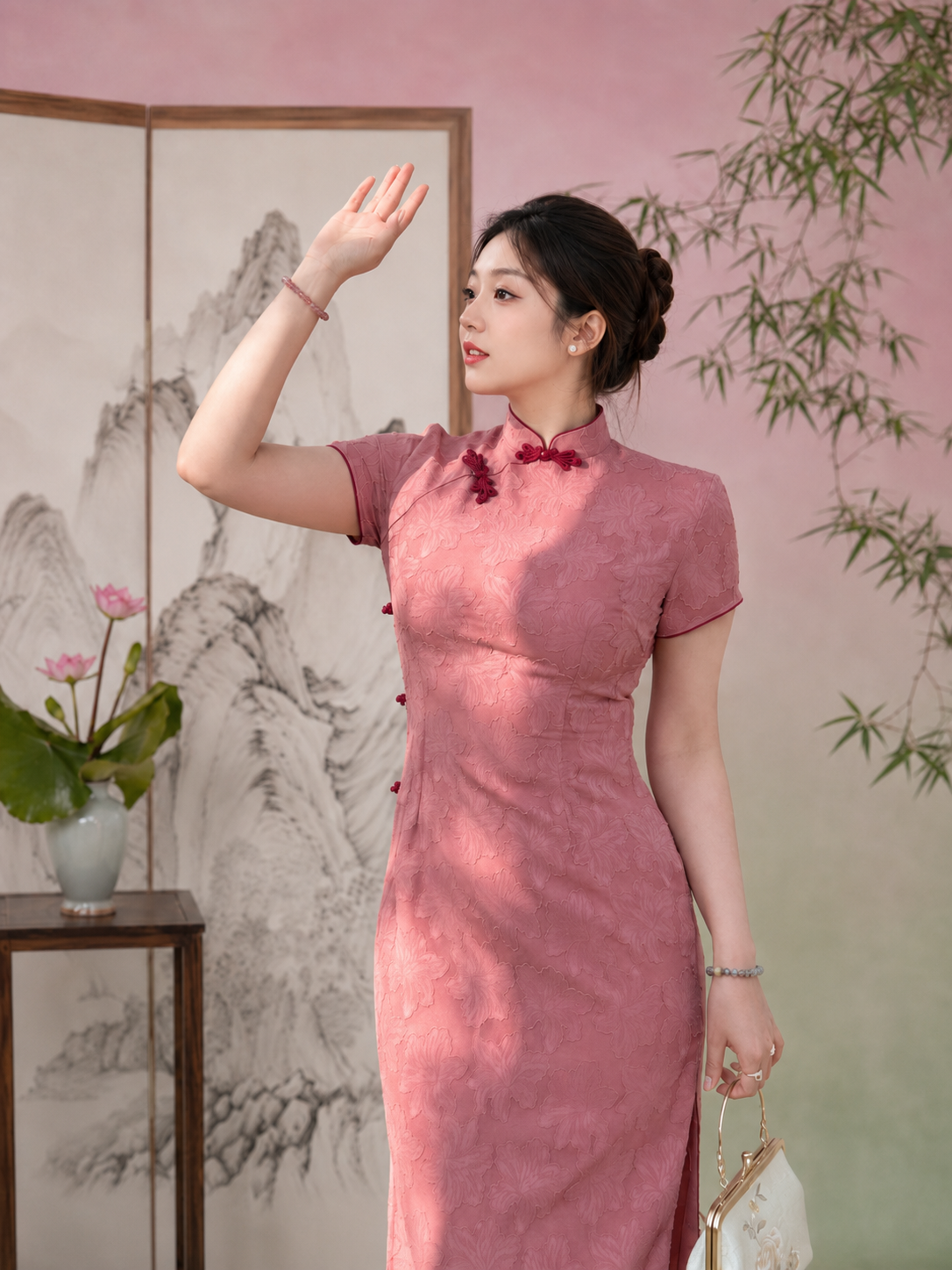 Complete plus size cheongsam set pink short sleeve slim midi dress with red mandarin collar side slit modern elegant qipao full length view