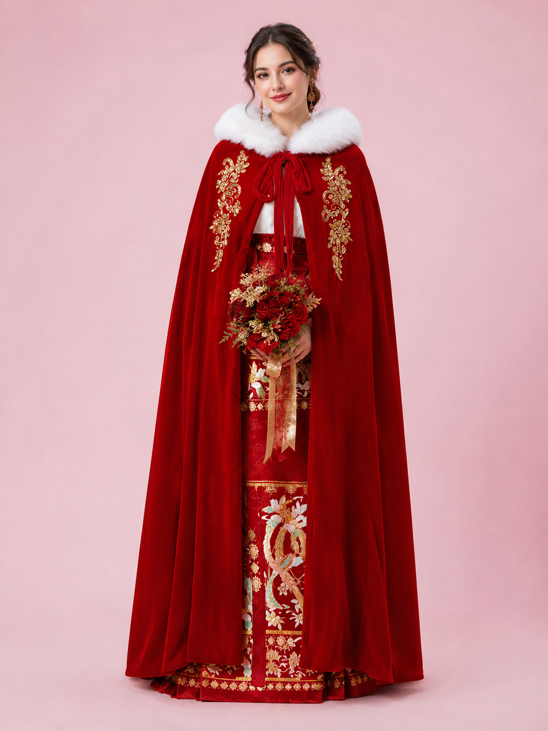Complete plus size mamian skirt set red gold phoenix embroidered mamian skirt white long sleeve top chinese wedding toast dress full length view