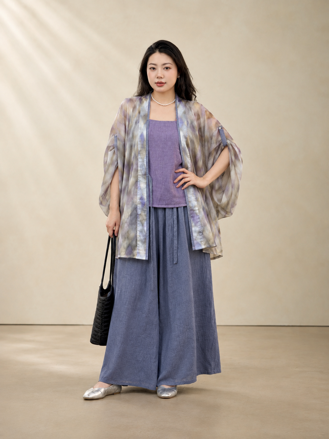 Complete plus size modern hanfu set brown plaid tang dynasty wide sleeve cardigan robe casual streetwear daily outfit full length view