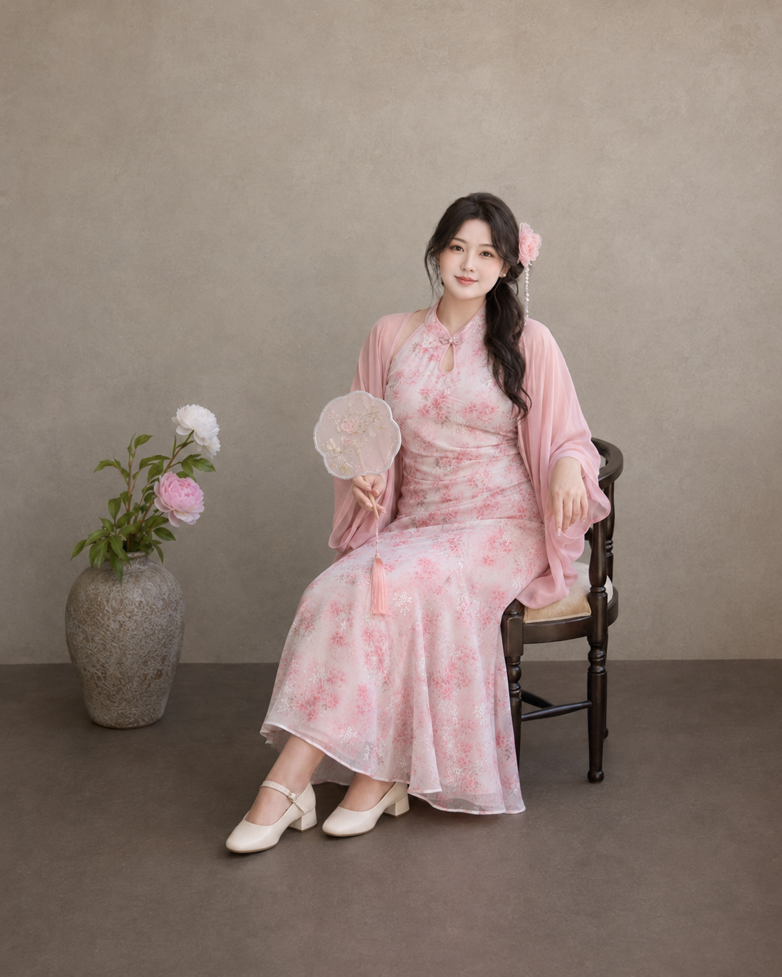 Complete plus size pink cherry blossom cheongsam set floral cape qipao dress elegant new chinese style summer full length view