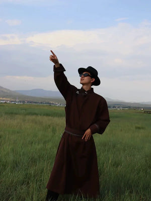 Complete premium traditional mongolian set hand fastened solid twill design robe for men full length view