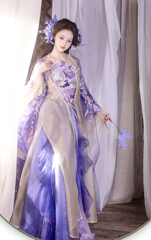 Complete purple butterfly embroidery hanfu set sheer gradient robe maxi skirt traditional chinese dress full length view