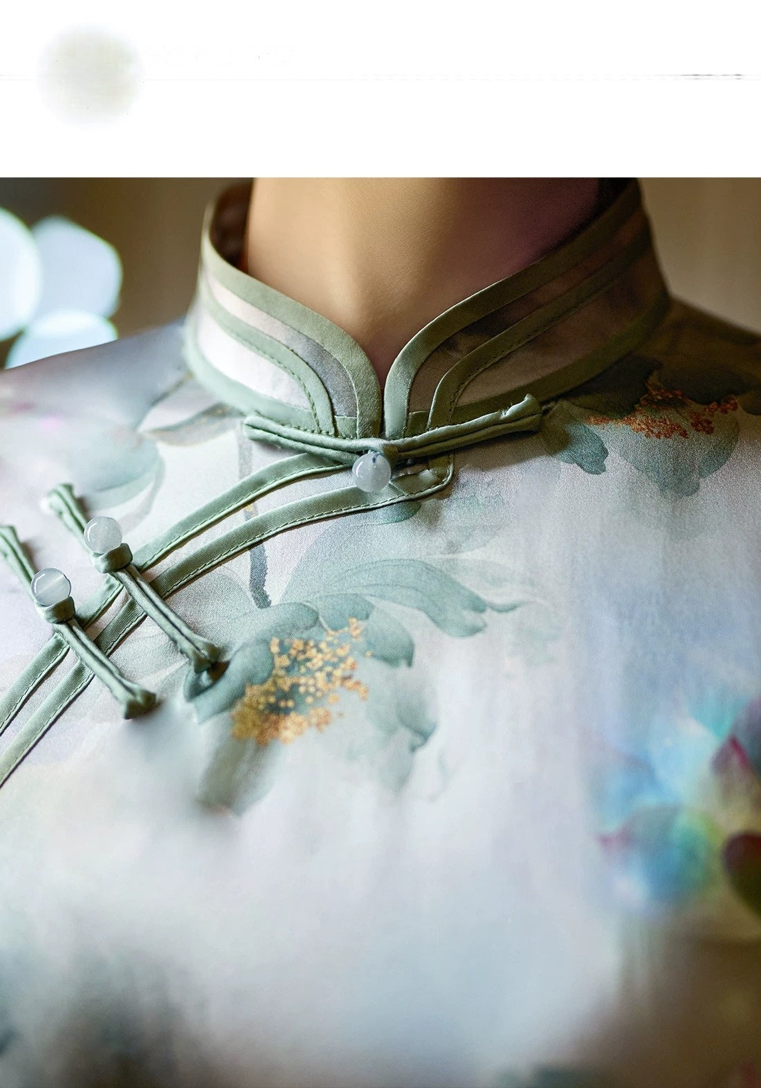 Complete sage blue silk cheongsam set ink floral print long qipao with mandarin collar full length view