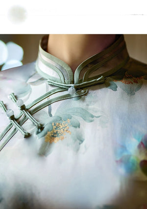 Complete sage blue silk cheongsam set ink floral print long qipao with mandarin collar full length view