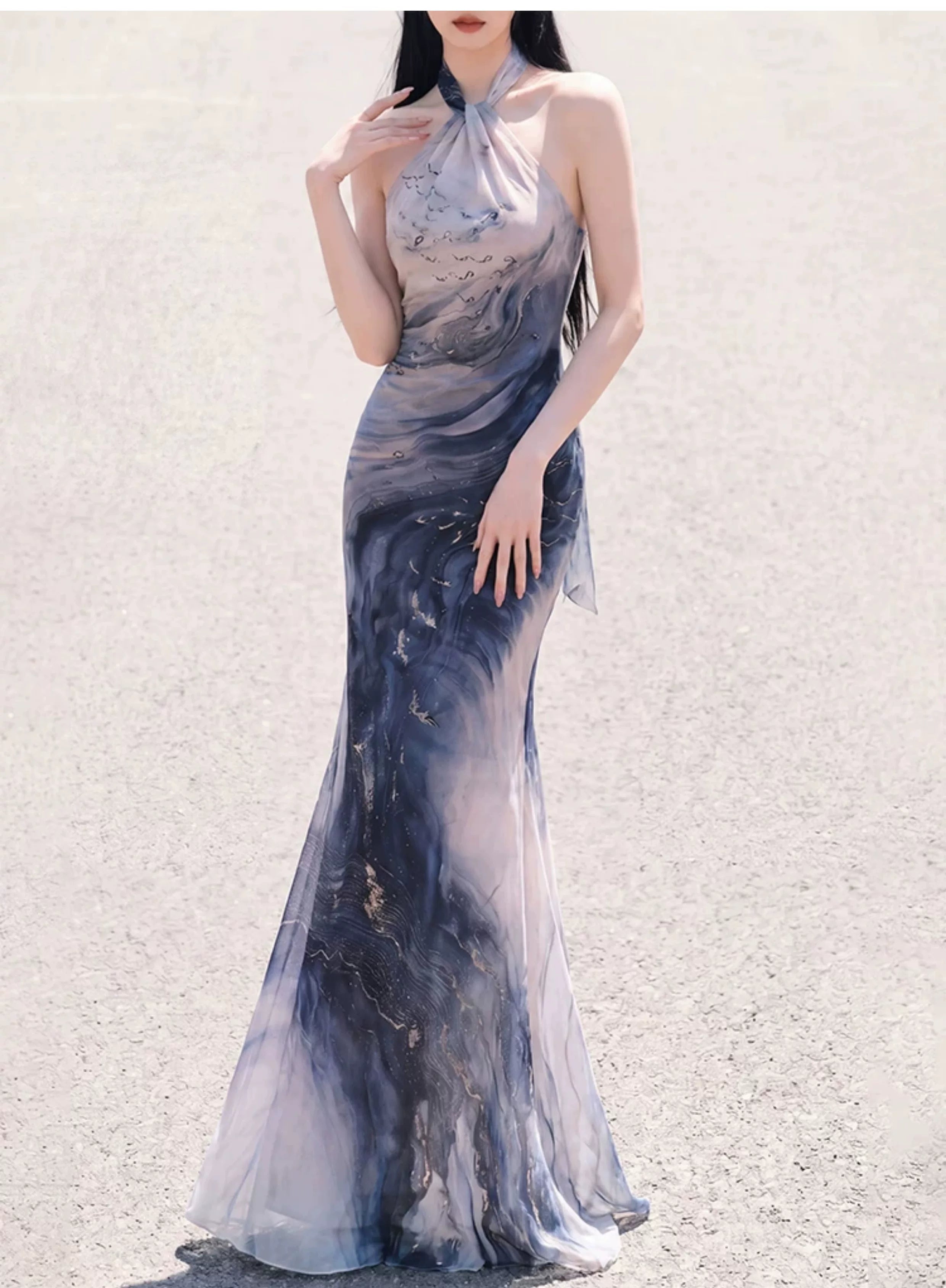 Complete sea blue ocean tide knitted set strap shoulder cut long fish tail versatile vacation waist femininity dress full length view