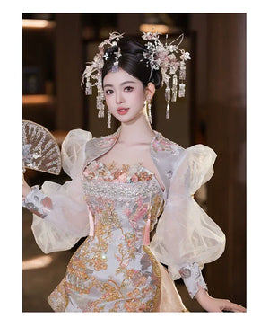 Complete silver pink chinese hairpin set elegant crystal bridal headpiece for hanfu qipao wedding full length view