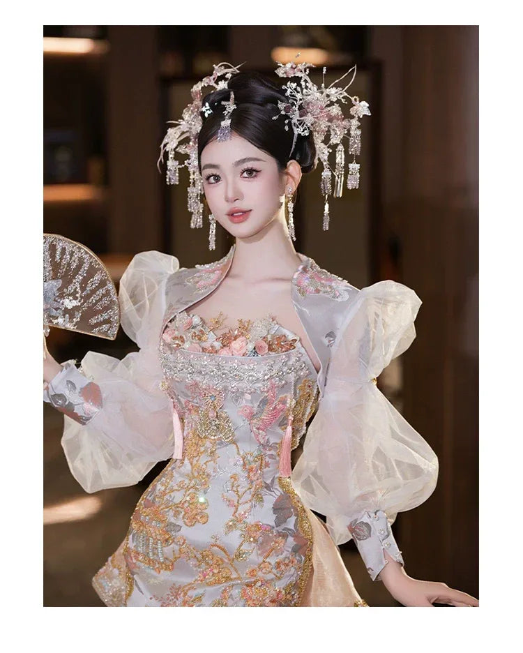 Complete silver pink chinese hairpin set elegant crystal bridal headpiece for hanfu qipao wedding full length view