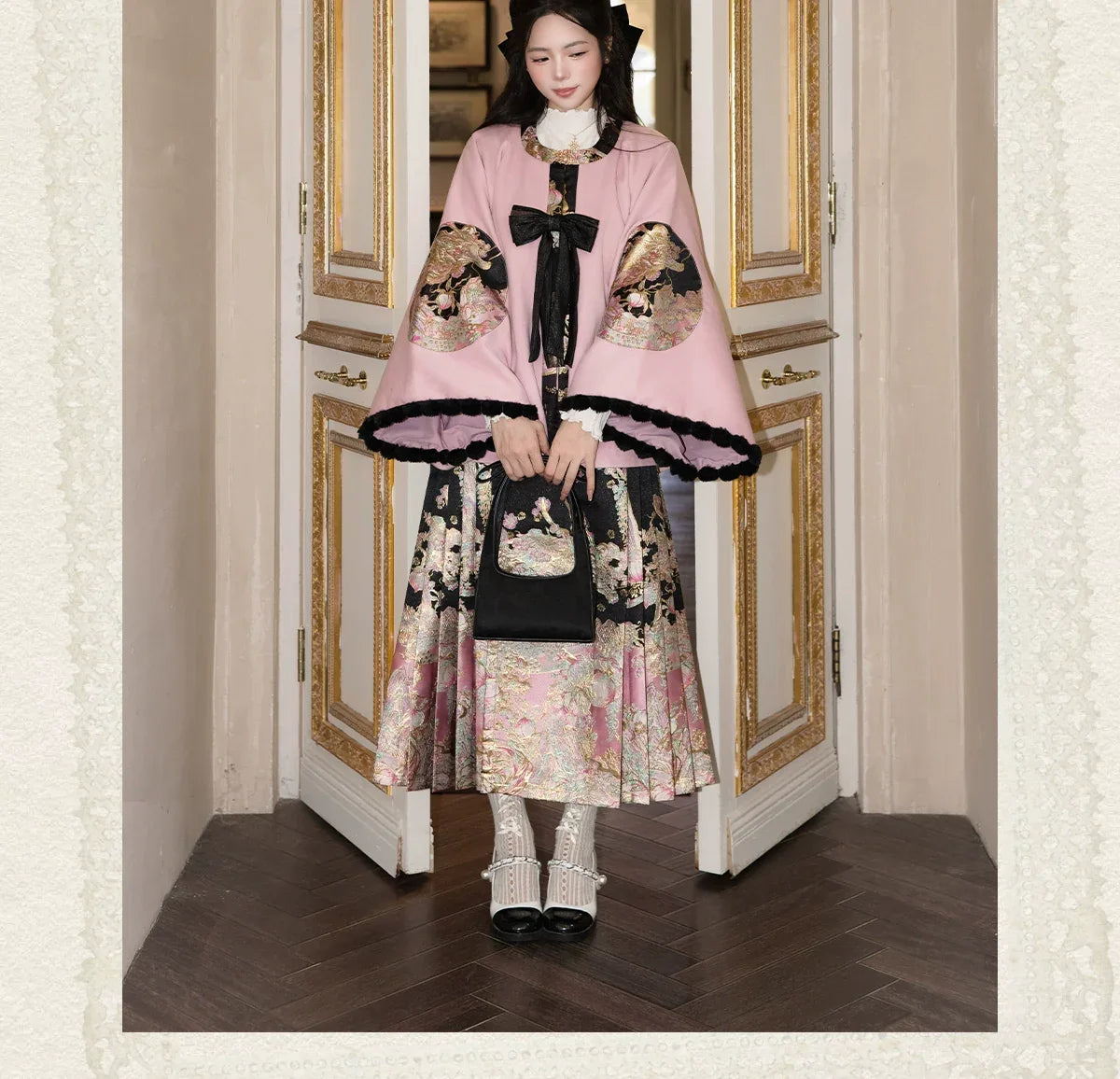 Complete spring mountain dragon new chinese set brocade ma mian skirt with embroidered cape and floral gold weave full length view

