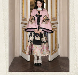 Complete spring mountain dragon new chinese set brocade ma mian skirt with embroidered cape and floral gold weave full length view

