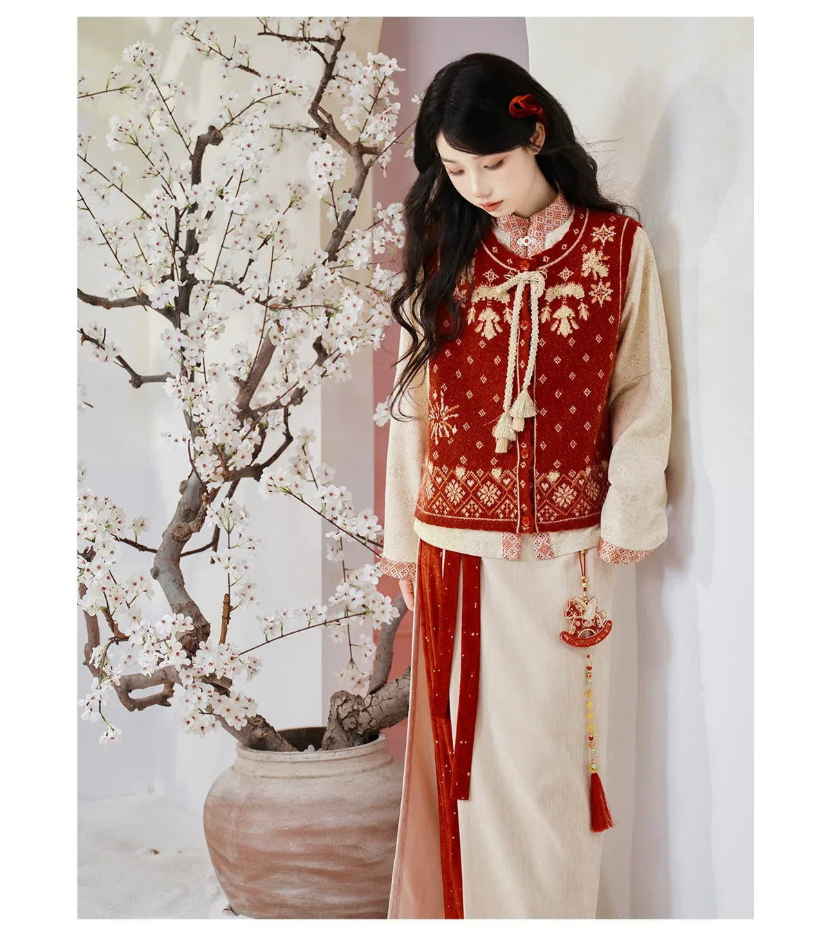 Complete suian winter hanfu set knit bijia vest bow sleeve top and flowy skirt for cold weather full length view