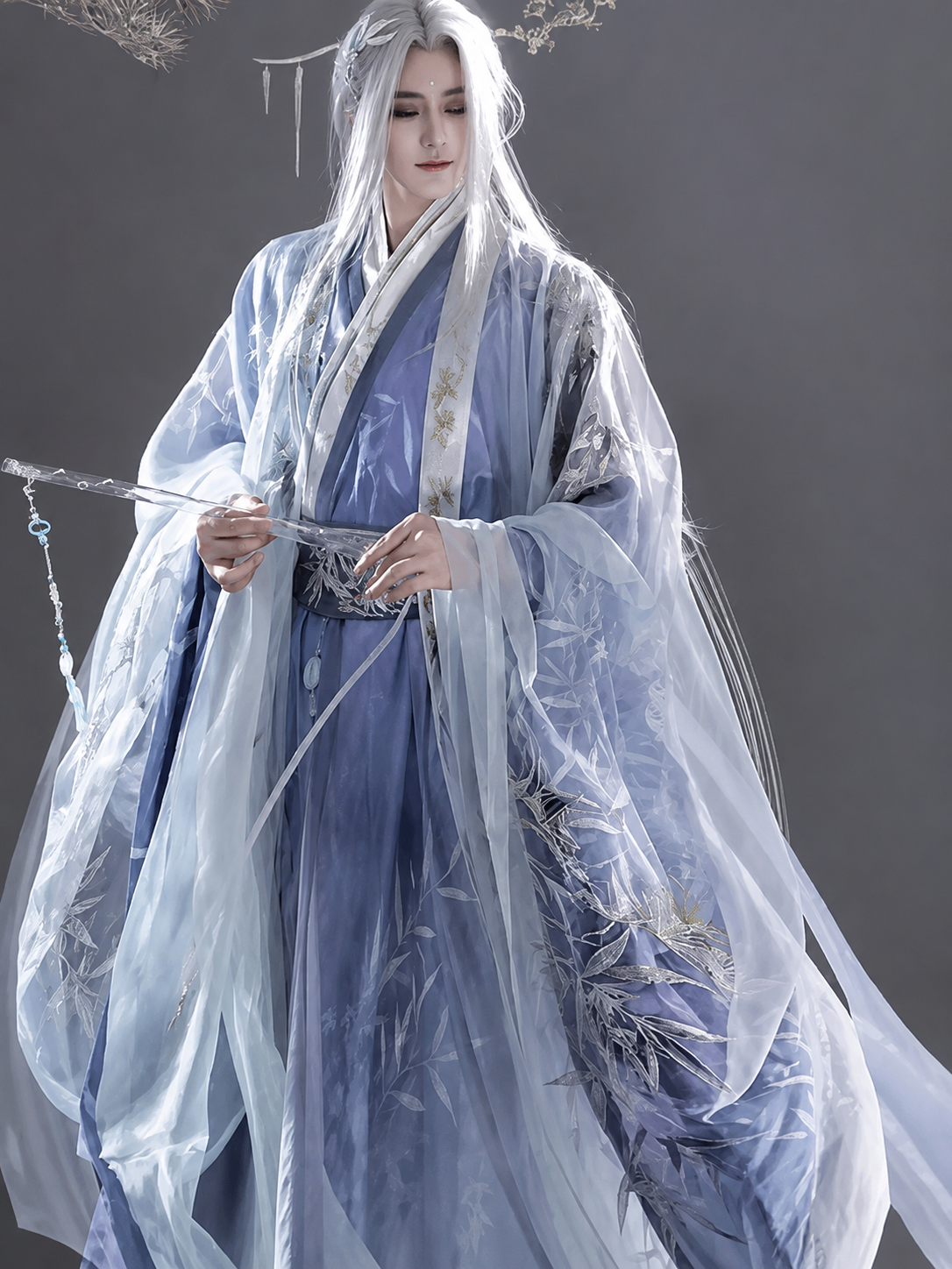 Complete three friends of winter set modern purple hanfu robe for men with flowing sleeves full length view