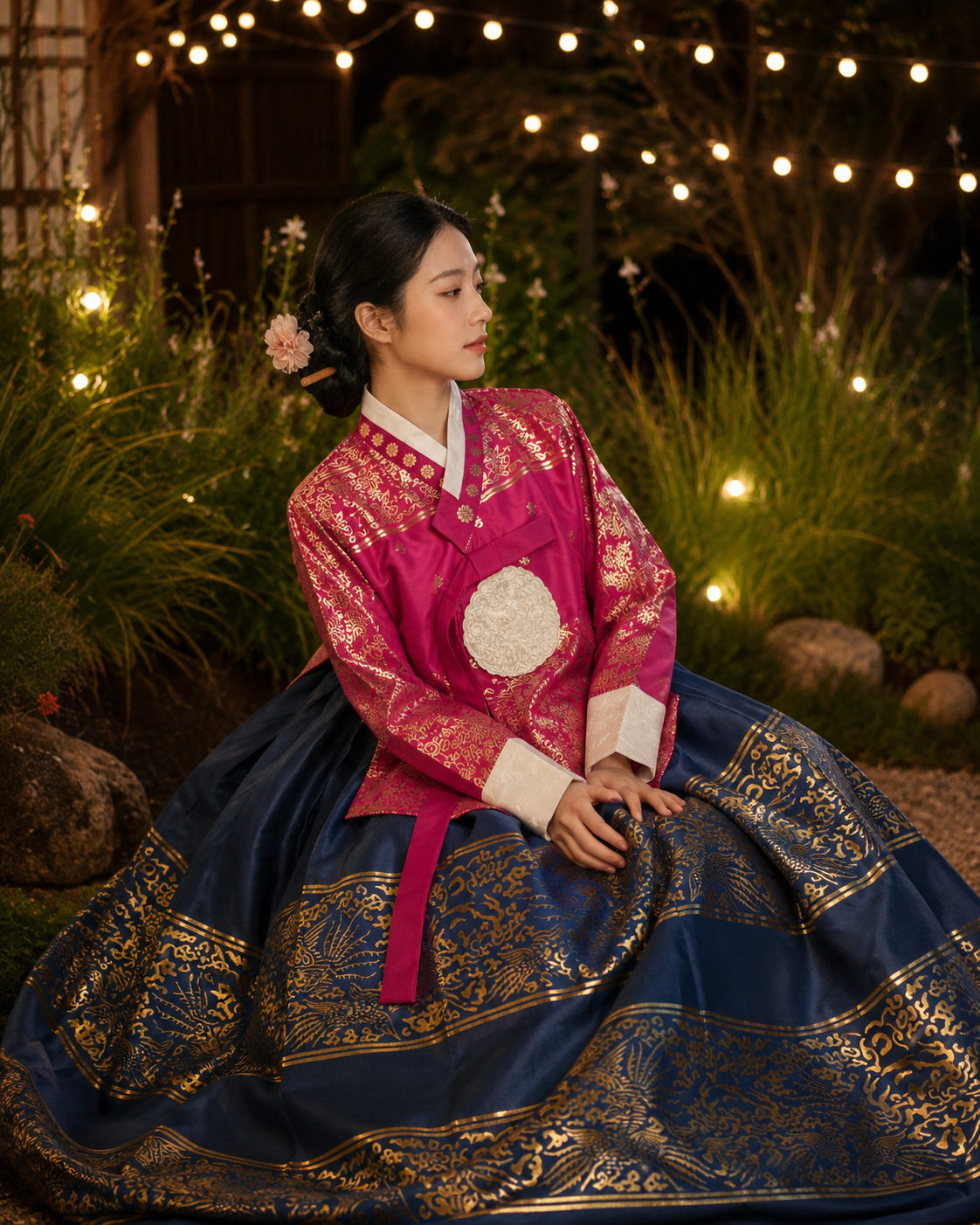 Complete traditional hanbok set rose pink floral jeogori navy blue gold dragon jacquard chima skirt royal court style full length view