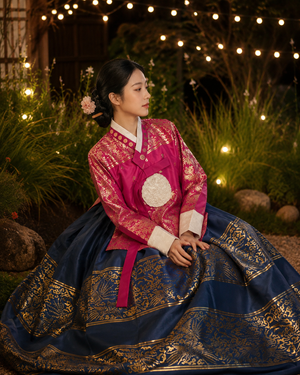 Complete traditional hanbok set rose pink floral jeogori navy blue gold dragon jacquard chima skirt royal court style full length view