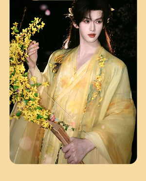 Complete welcome spring flower festival set wei jin southern northern dynasties embroidery hanfu for couples men women full length view